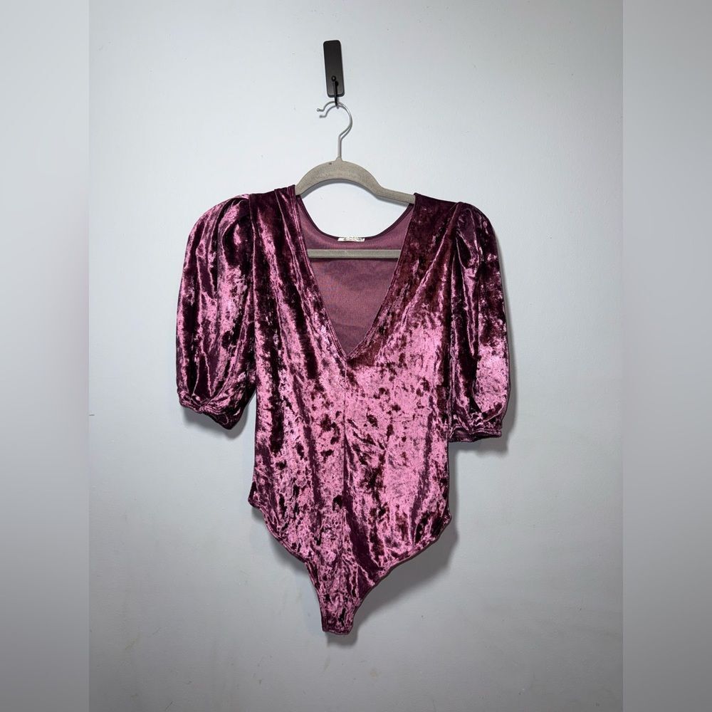 Free People "Don't You Wish" Velour Thong Bodysuit with Puff Sleeves Small EUC
